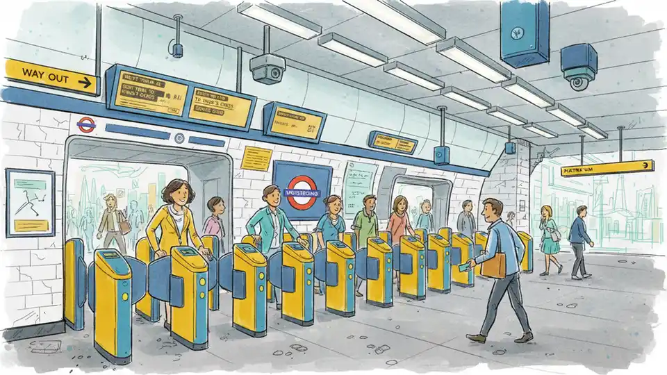 London Underground station interior showing ticket barriers and passenger information displays