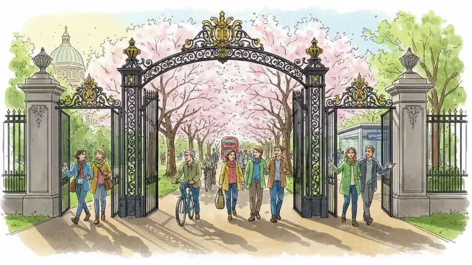 Greenwich Park entrance with transit riders arriving, cherry blossom trees visible in park beyond entrance gates, morning light
