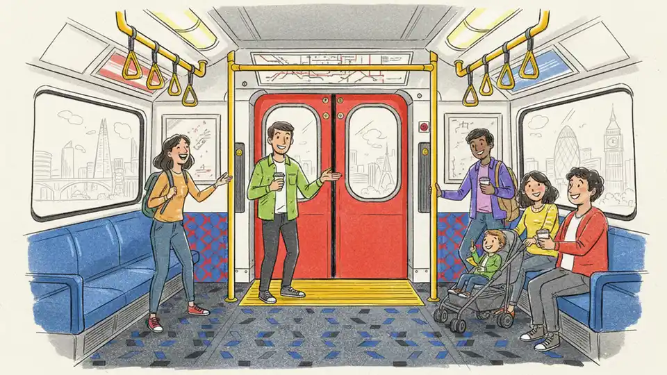 Interior of London Underground train car showing floor area near doors