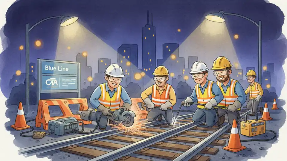 CTA track maintenance crew working on Blue Line rails at night with safety equipment