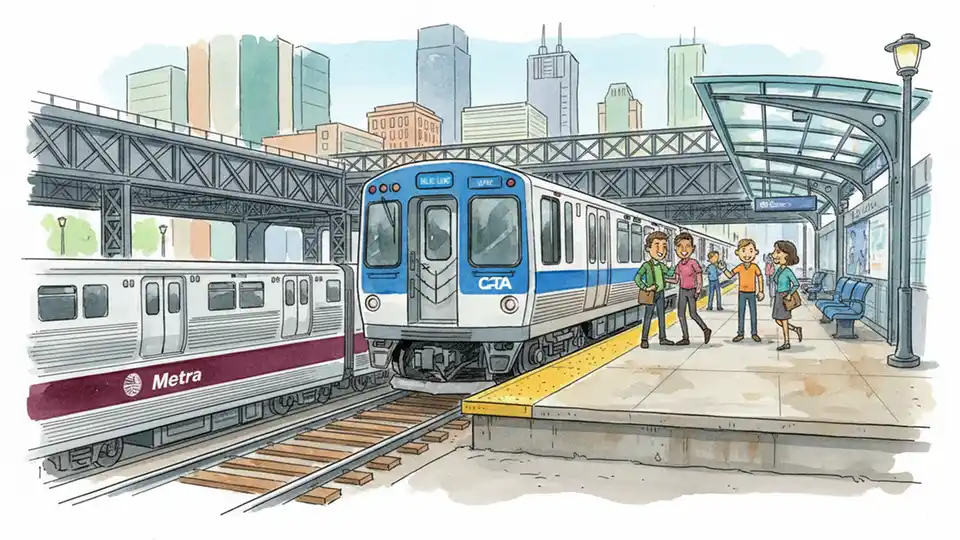 Description: Modern CTA train at downtown Chicago station platform with Metra commuter rail visible in background, showing multiple transit systems that will be consolidated under NITA
Alt text: CTA and Metra trains at Chicago station representing Illinois transit consolidation under Northern Illinois Transit Authority
Composition: Wide angle shot showing both rail systems, emphasizing scale of multi-agency network, daytime lighting with clear branding visible