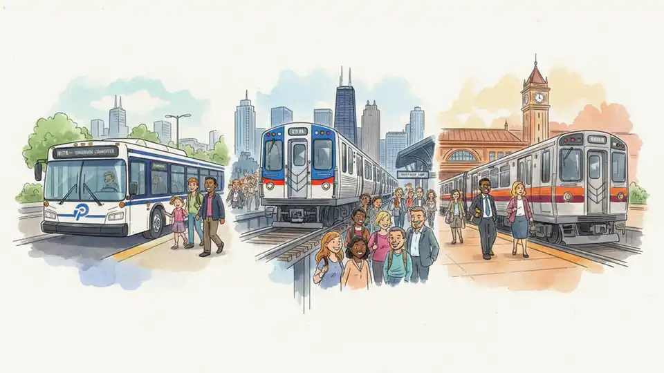 Description: Pace bus, CTA rail car, and Metra commuter train shown together in composite view illustrating the three transit systems being unified under NITA
Alt text: Pace Metra CTA transit vehicles representing Northern Illinois Transit Authority consolidation in Illinois
Composition: Split-screen or triptych composition showing all three transit modes, professional documentation style emphasizing system diversity