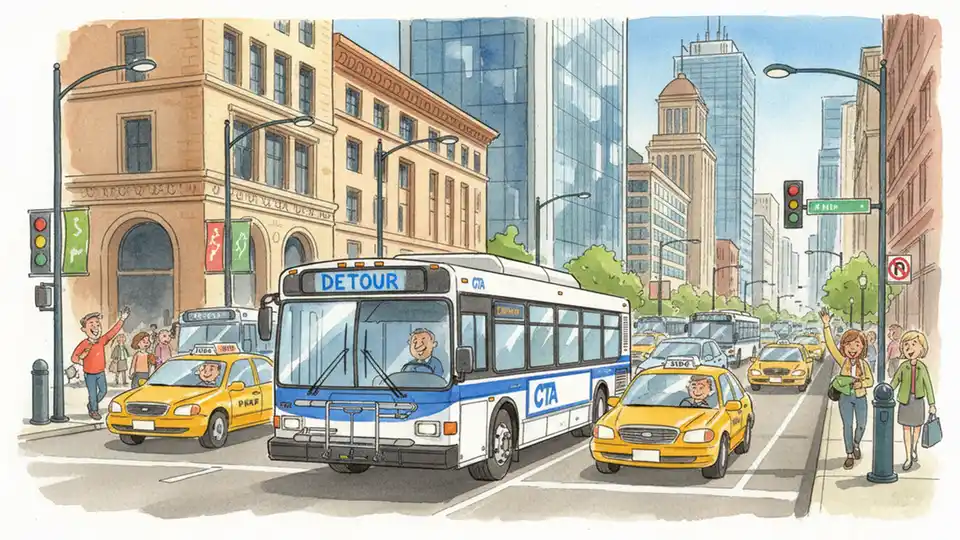 Chicago Transit Authority bus navigating detour route on city street with traffic and urban buildings in background