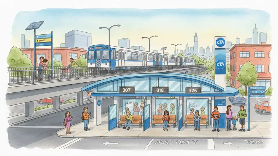 CTA Harlem Blue Line station bus bridge showing multiple bus bays with route number signs and passenger waiting areas