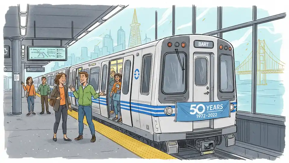 BART train at station platform with 50th Anniversary banner visible, showing modern rail cars and passengers boarding