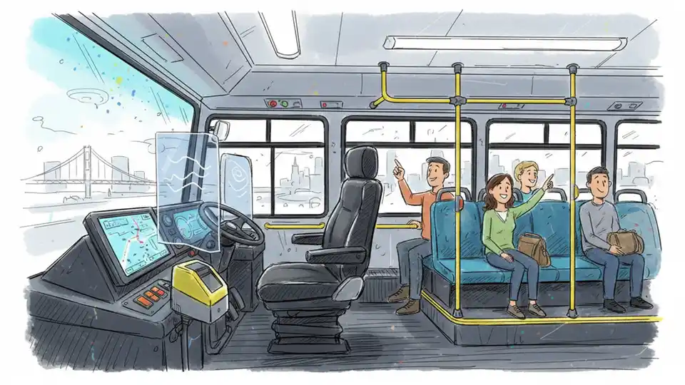 Interior view of a SamTrans bus showing the operator's seat and dashboard controls, with passenger seating visible in the background