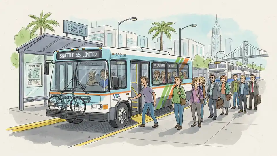 Transit shuttle bus at urban station stop with passengers boarding