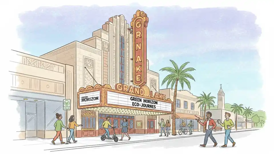 Historic Grand Lake Theater exterior with art deco architecture and vintage marquee in Oakland