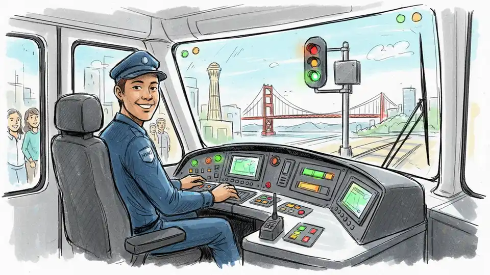 San Francisco Muni light rail operator in cab resuming service after delay with signal lights visible