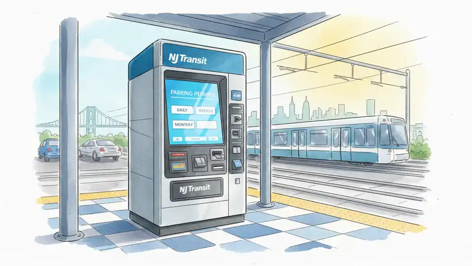 Ticket vending machine at NJ Transit Hudson-Bergen Light Rail station with parking permit purchase options displayed on screen