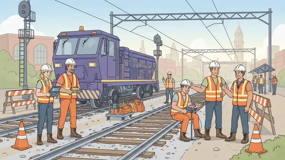 Track maintenance crew working on commuter rail tracks with equipment and safety gear visible