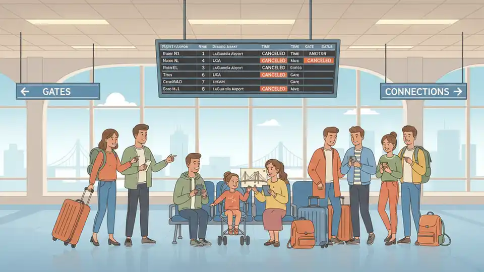 Boston Logan International Airport departure board showing canceled flights to LaGuardia Airport with travelers in terminal