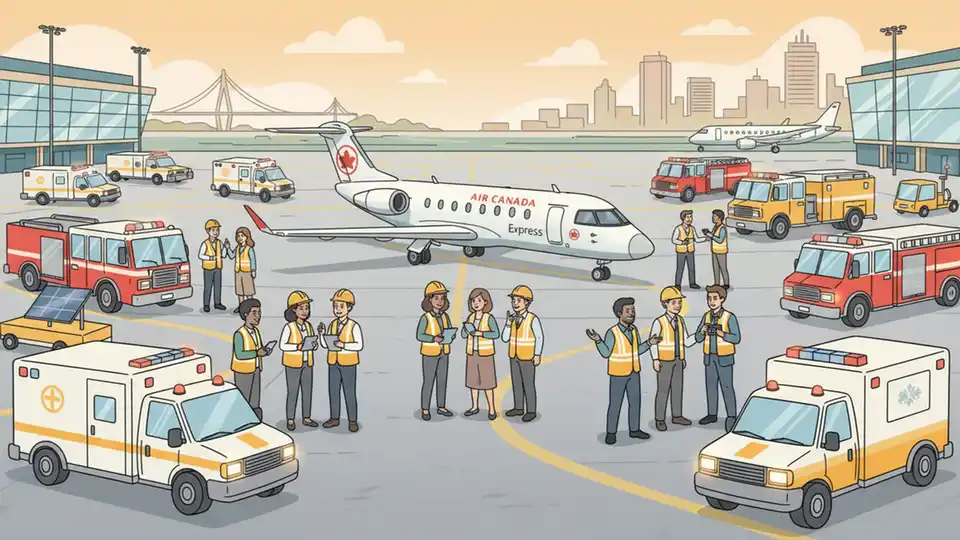 Air Canada regional jet on airport tarmac with emergency vehicles and investigation team nearby