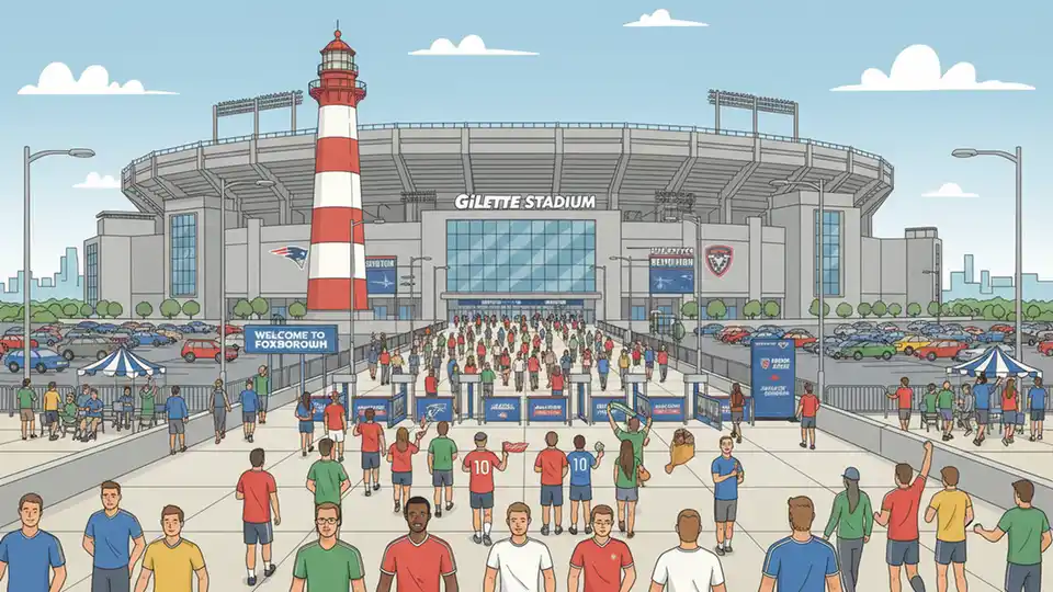 Gillette Stadium exterior with crowds of soccer fans arriving for international match, showing stadium entrance and pedestrian walkways