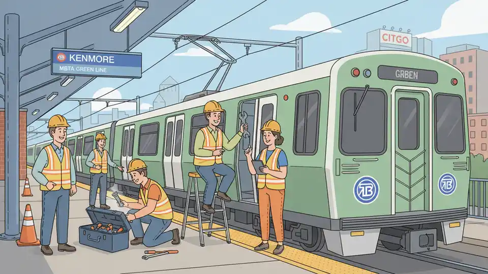 MBTA maintenance crew working on Green Line train at station with safety equipment visible