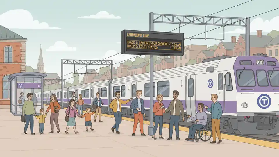 Fairmount Line commuter rail train at station with schedule board visible