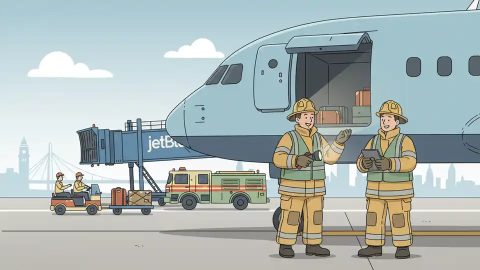 Airport firefighters inspecting cargo hold area of commercial aircraft at gate