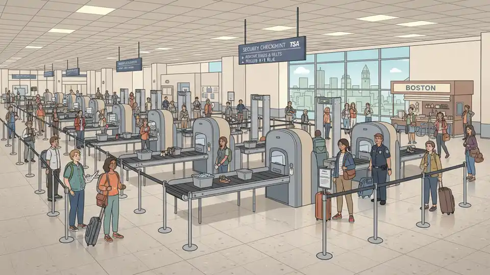 TSA security checkpoint at Logan International Airport with travelers waiting in line