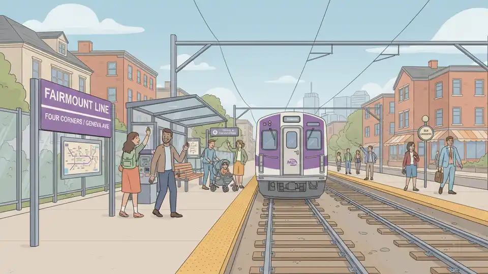 MBTA Fairmount Line station with commuter rail tracks and platform signage