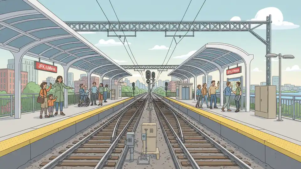 JFK/UMass station platform with Red Line tracks and Columbia Junction signal infrastructure