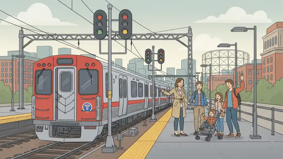 MBTA Red Line train approaching JFK/UMass station platform with signal equipment visible