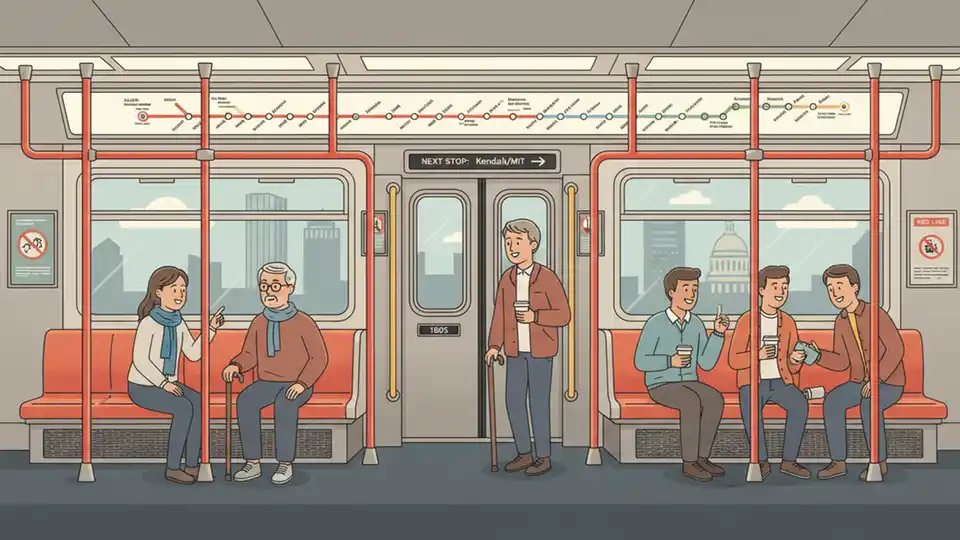 MBTA Red Line subway car interior showing passenger seating and route map