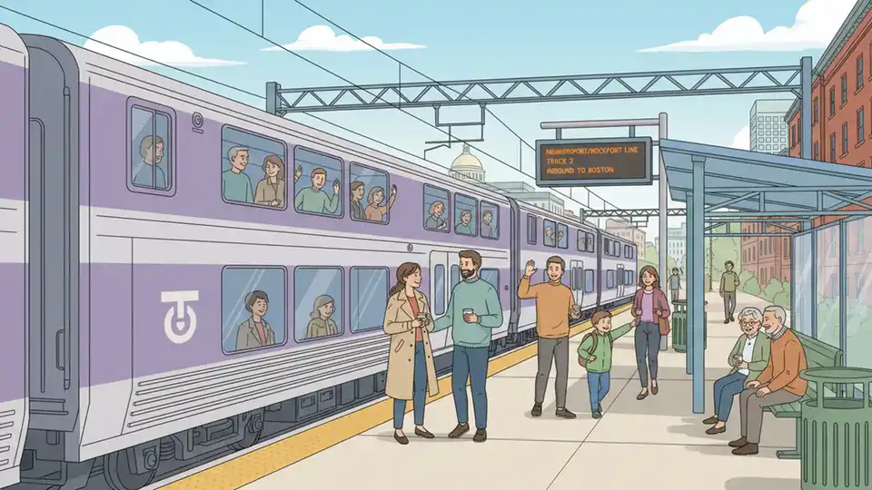 Commuter Rail train at station platform with route information display