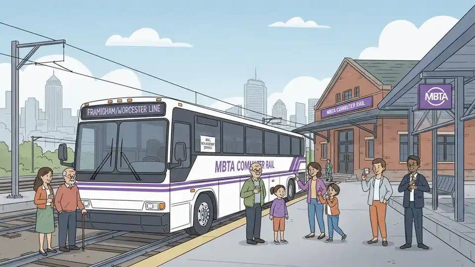 MBTA shuttle bus in commuter rail livery at transit station with route information displayed