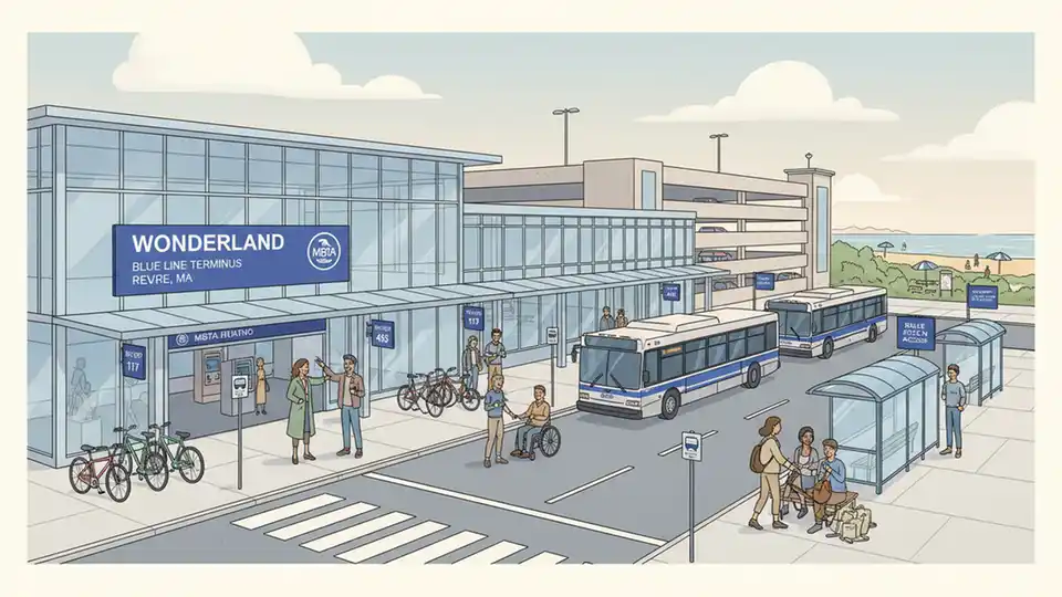 Wonderland station entrance with Blue Line signage and bus stop area visible