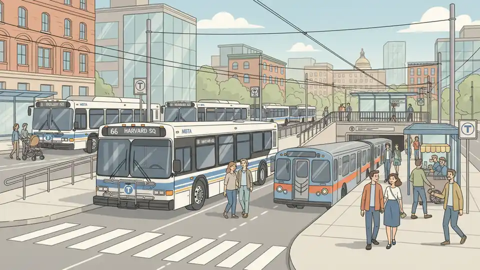 Multiple MBTA buses and subway train at downtown Boston transit hub during daytime