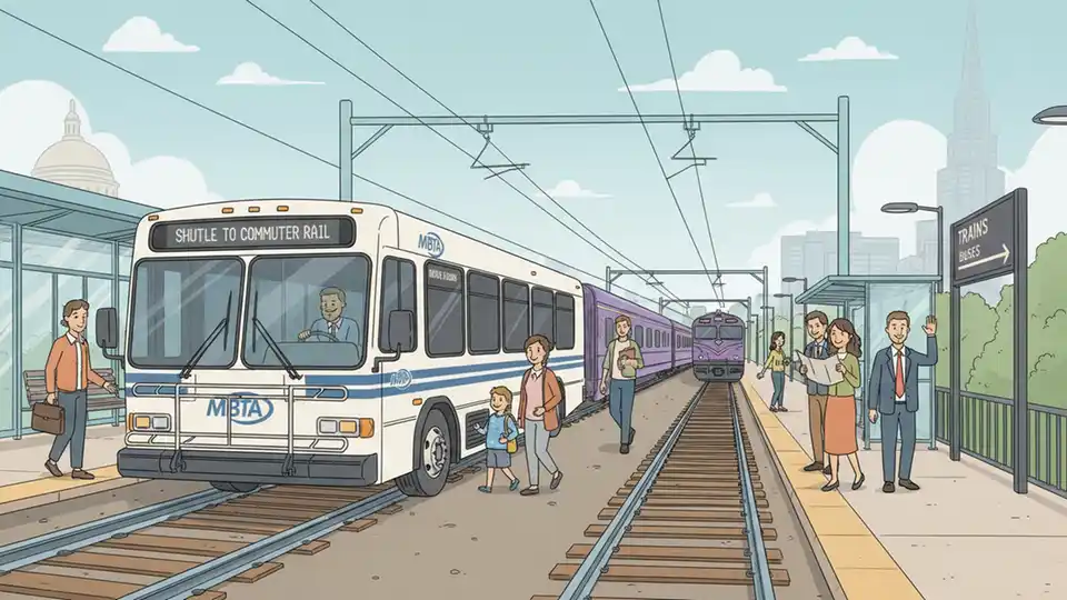 Shuttle bus at transit station with commuter rail tracks visible in background