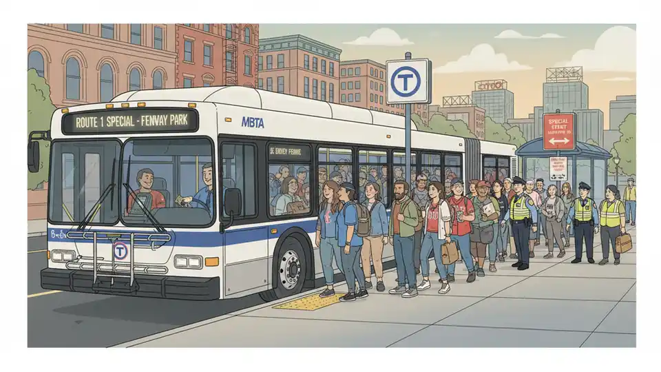 Transit bus at station with passengers boarding during special event service