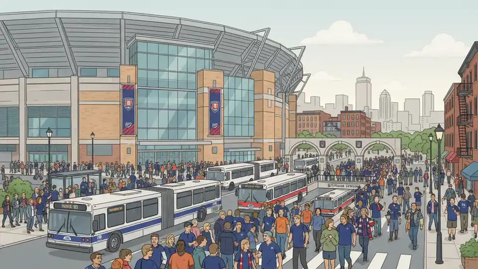 Soccer stadium exterior with transit vehicles and crowd of fans arriving for match