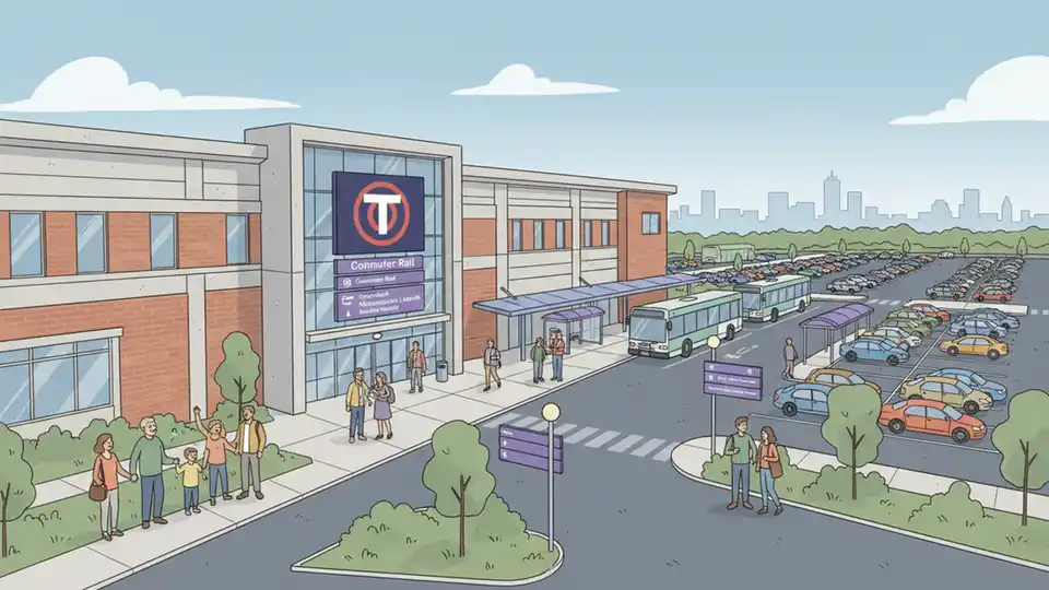 Braintree MBTA station exterior showing commuter rail and Red Line connection signage