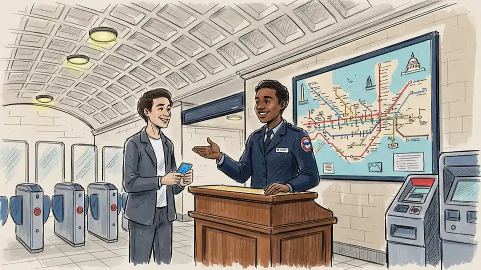 Metro customer service representative assisting rider at station