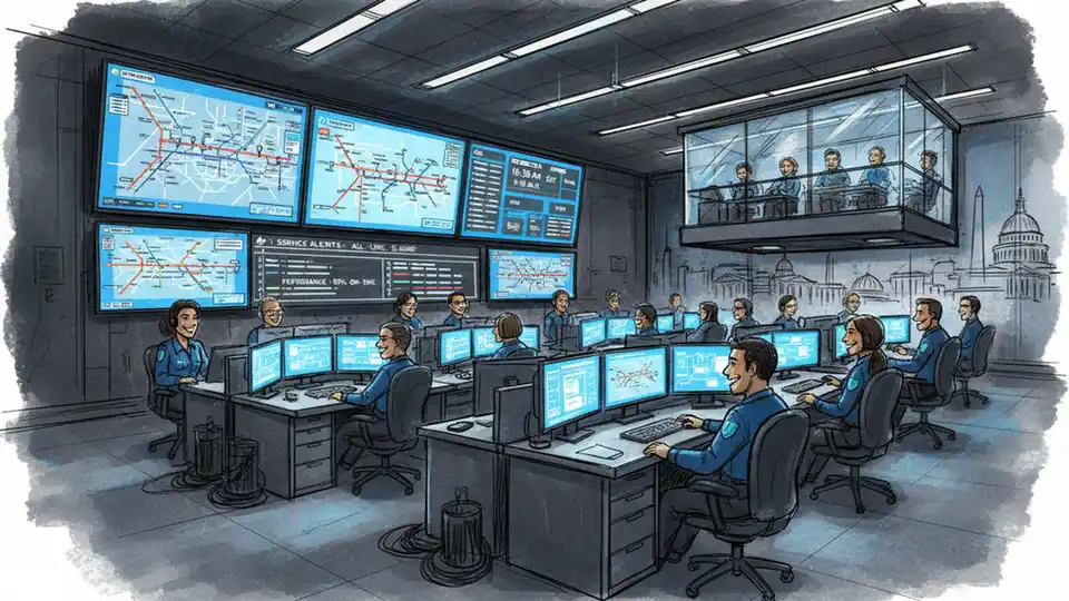Metro control center with transit operations staff monitoring train systems