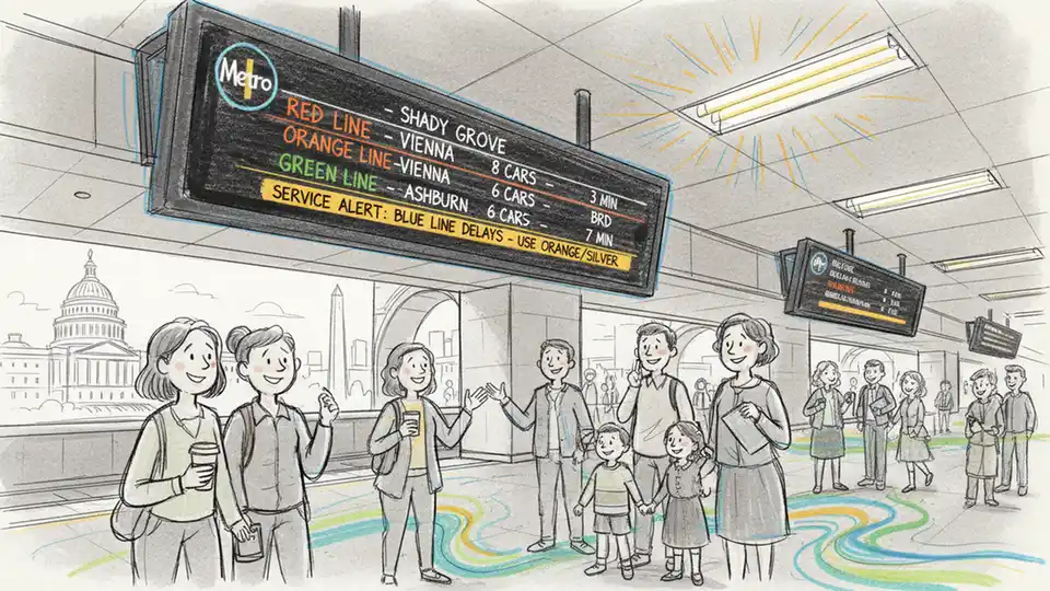 Metro information display board showing schedule and service updates at station