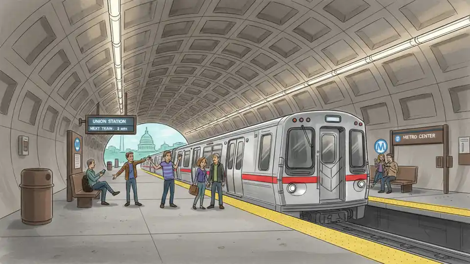 Metro station platform with train arriving, showing station infrastructure and passenger waiting areas