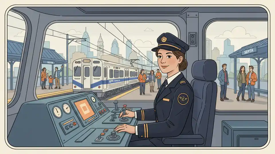 Female SEPTA Regional Rail engineer in the cab of a commuter train at a Philadelphia station platform