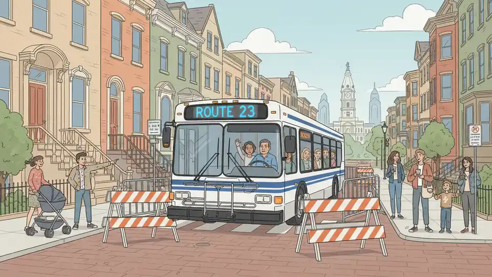 SEPTA bus on detour with route number visible, Philadelphia street scene with race course barriers in background
