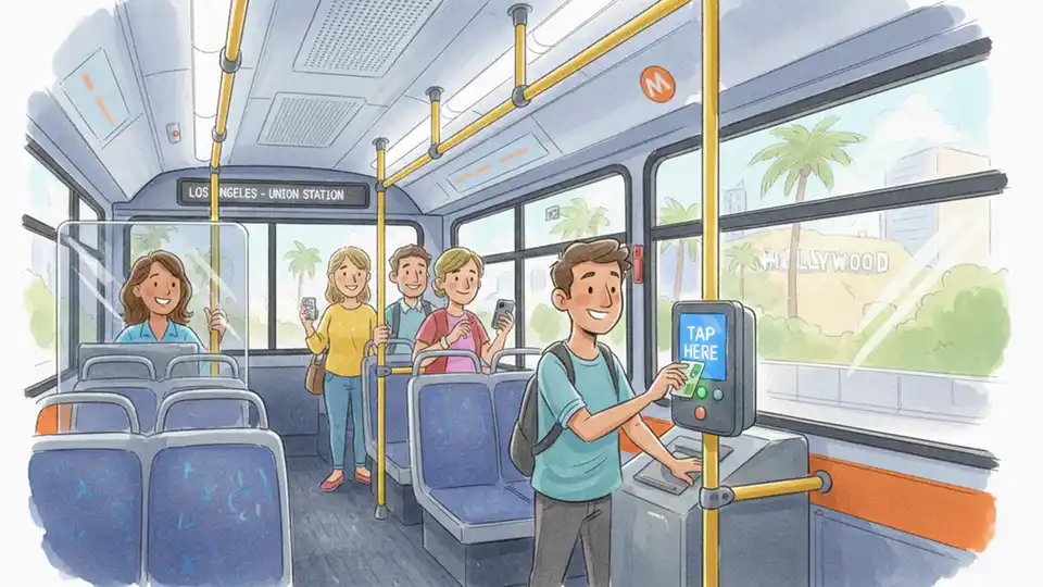 Metro bus with TAP card validator near driver's seat, passengers boarding with fare cards