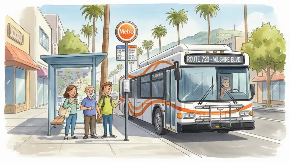 Metro LA bus at street-level stop with route information sign and waiting passengers