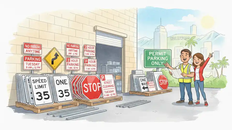 Completed street signs ready for installation showing various traffic and parking regulations