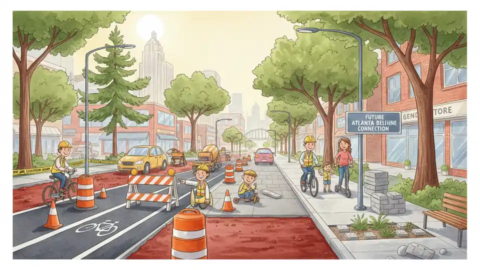 Construction site for urban bike lane and pedestrian trail project