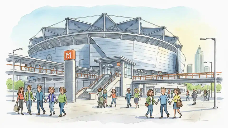 Mercedes-Benz Stadium exterior with MARTA station entrance in foreground, showing direct transit connection and distinctive retractable roof architecture