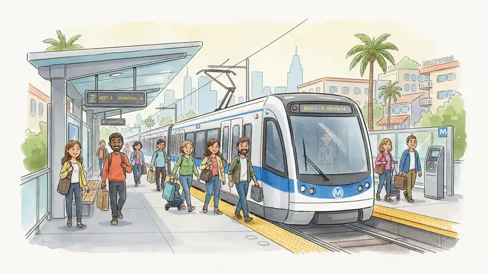 California public transit station with commuters boarding light rail train, showing modern transit infrastructure and daily ridership, emphasizing connection between transit access and affordability issues