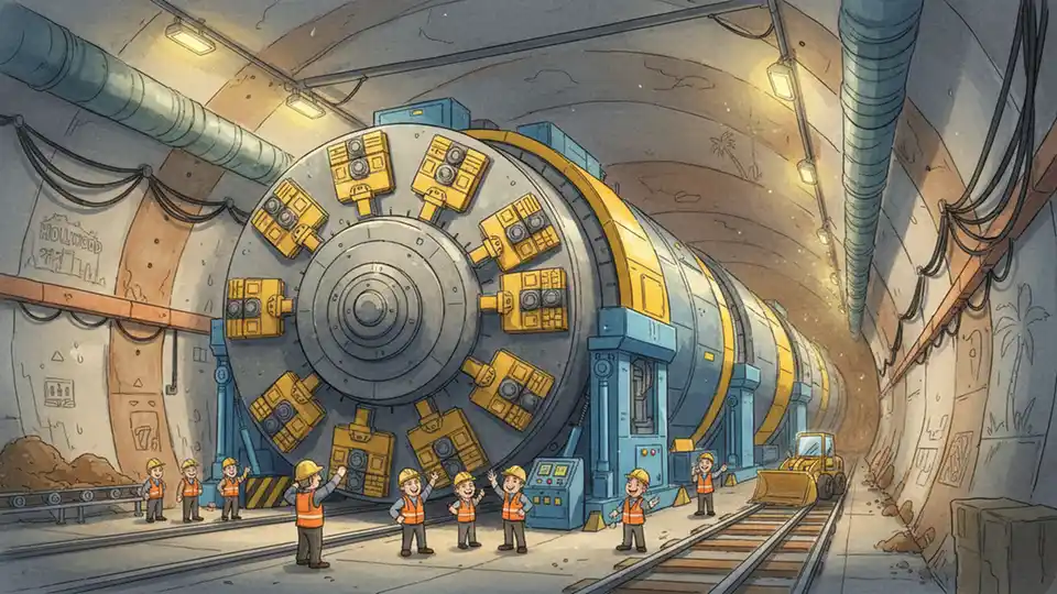 Tunnel boring machine for subway construction with workers and equipment in underground rail tunnel