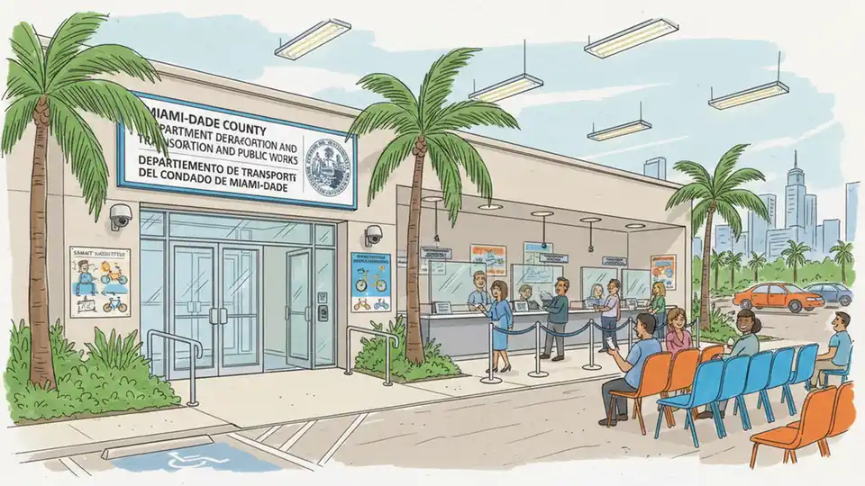 Government office building entrance or administrative counter for transportation permits