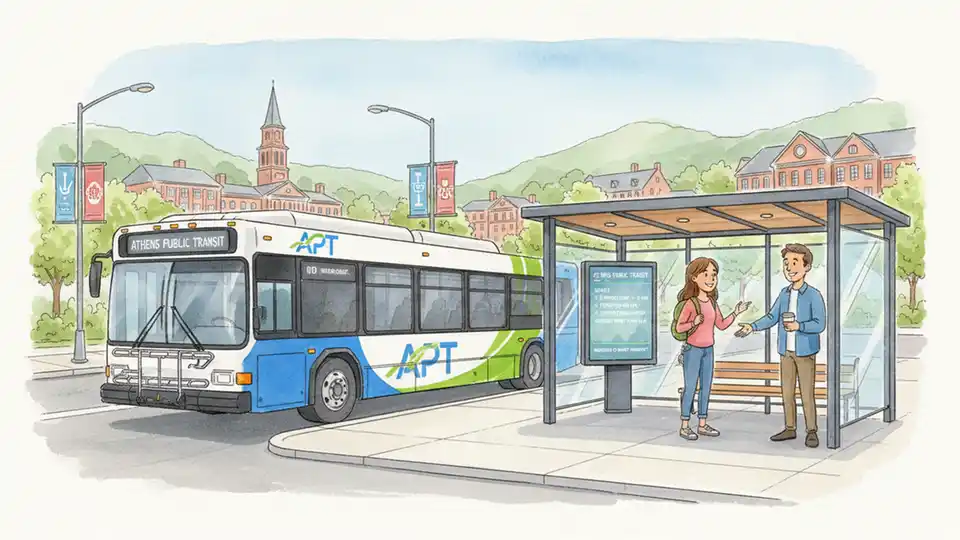 Athens Public Transit vehicle at bus stop with real-time tracking display showing route information and arrival times