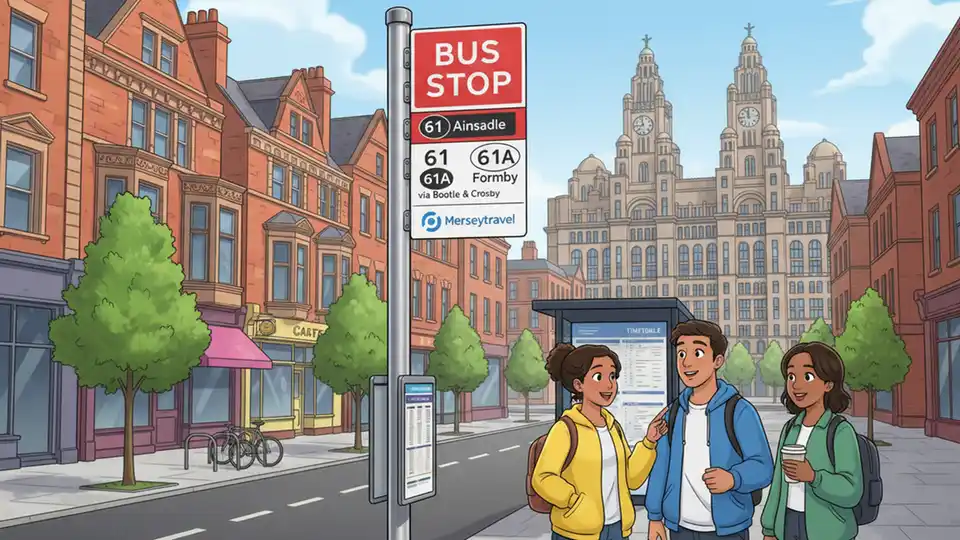 Bus stop sign showing routes 61 and 61A with Liverpool street scene